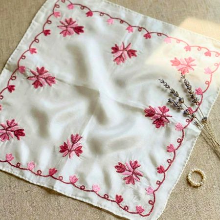 Traditional Kashmiri Silk Handkerchief with Paisley Corner Embroidery